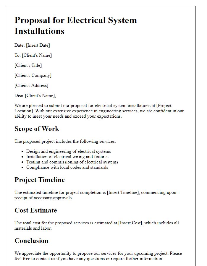 Letter template of engineering services proposal for electrical system installations.