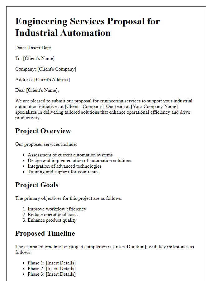 Letter template of engineering services proposal for industrial automation.