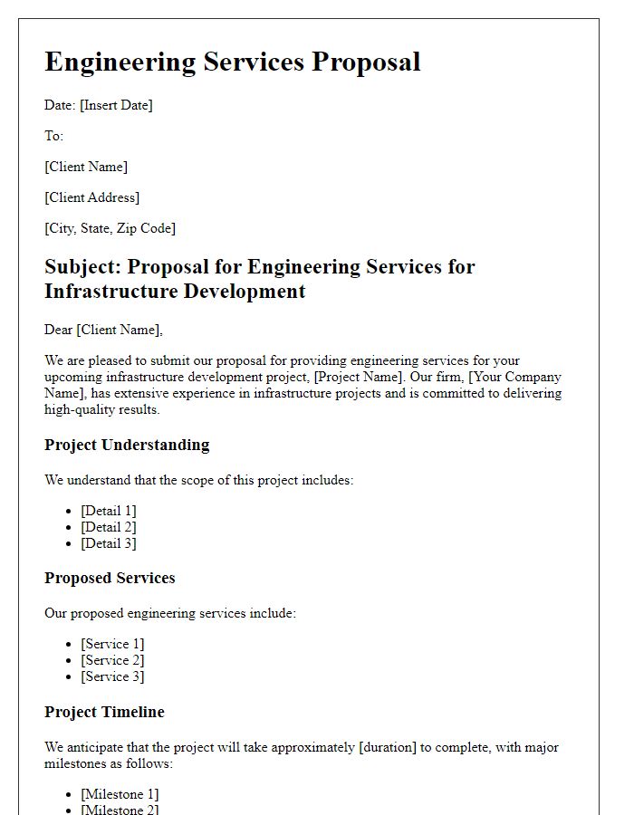 Letter template of engineering services proposal for infrastructure development.