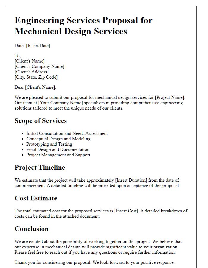 Letter template of engineering services proposal for mechanical design services.