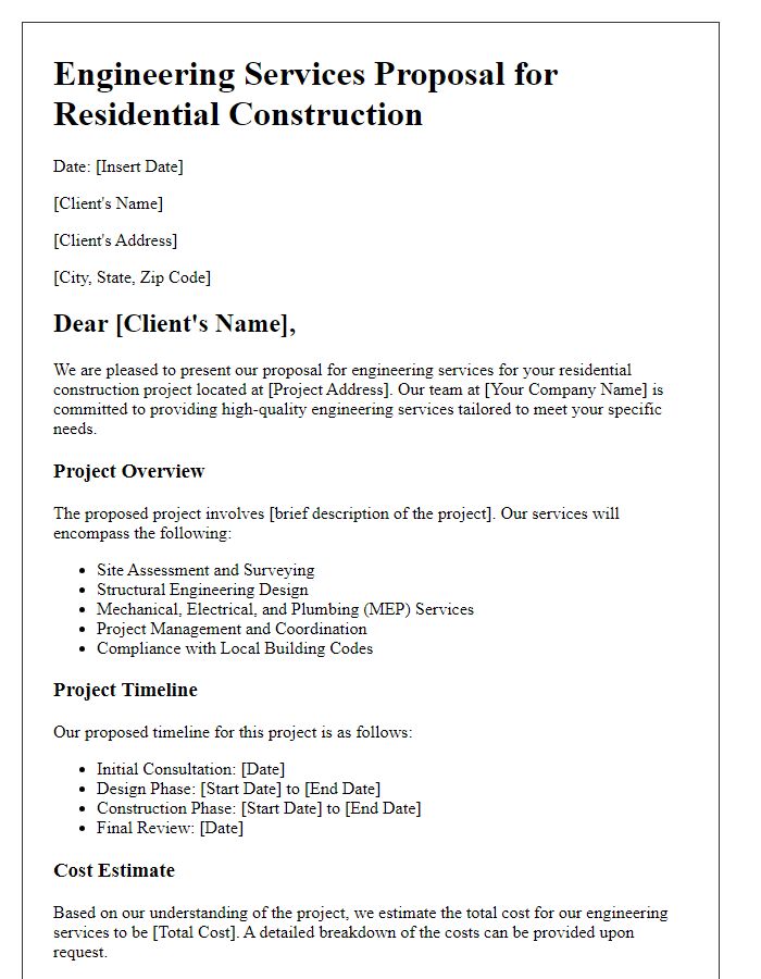 Letter template of engineering services proposal for residential construction.