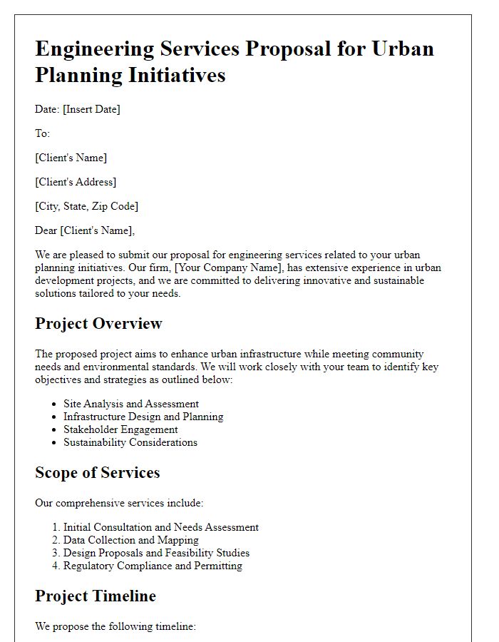 Letter template of engineering services proposal for urban planning initiatives.