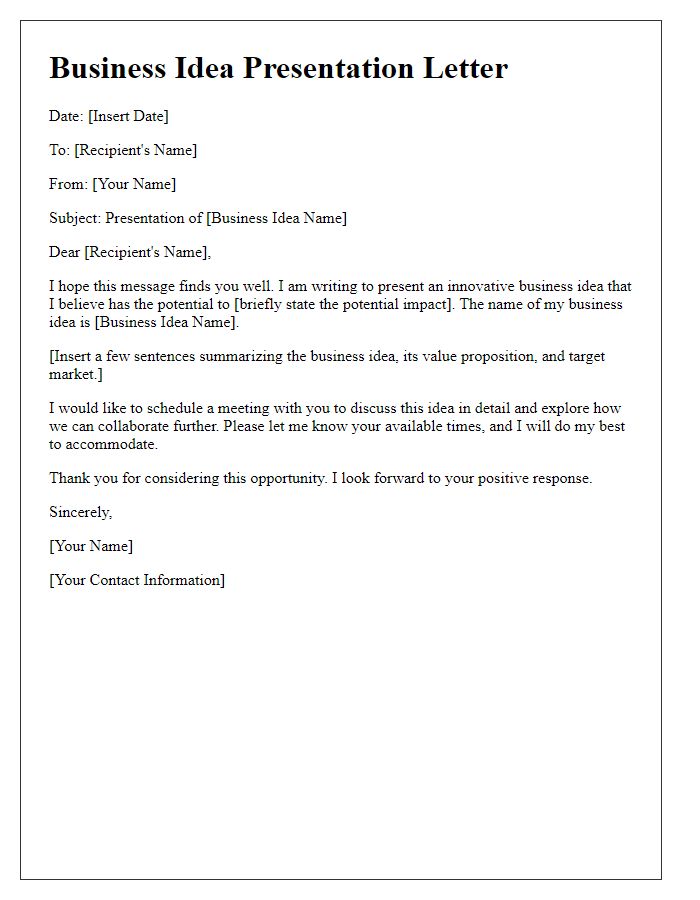 Letter template of an innovative business idea presentation.