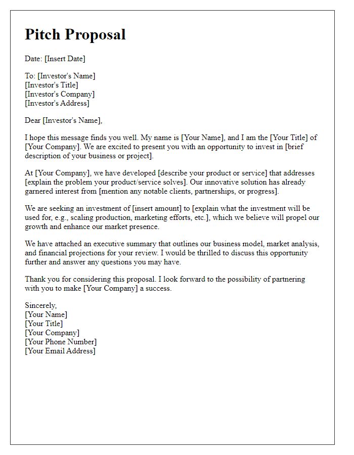 Letter template of a pitch proposal for investors.