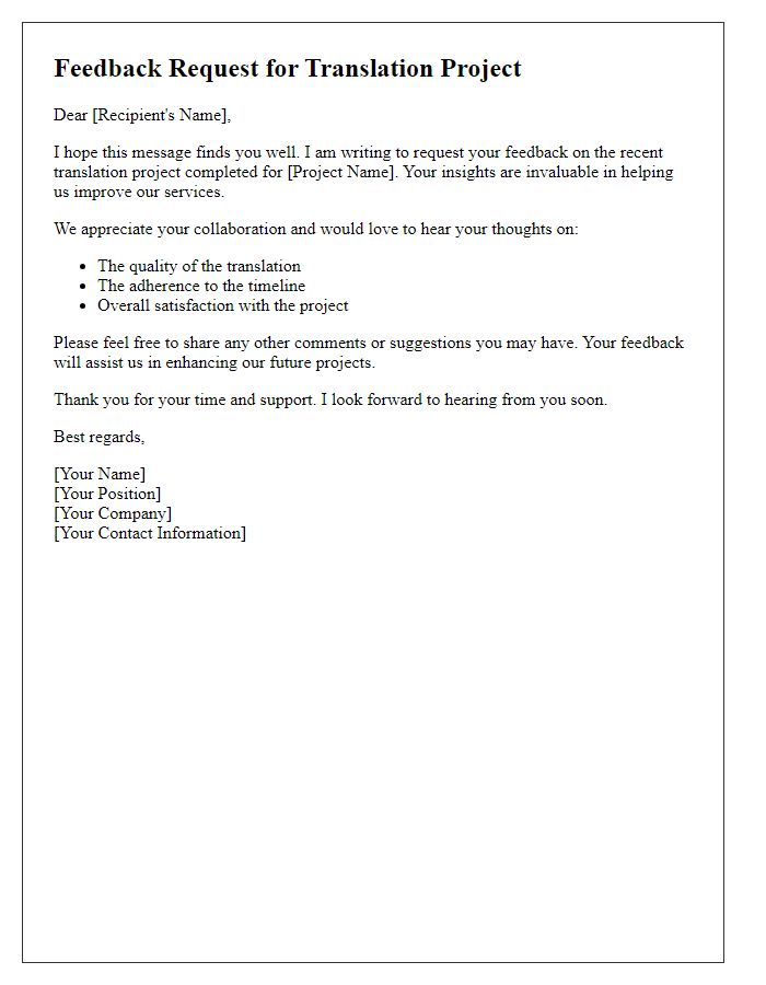 Letter template of feedback request for completed translation project