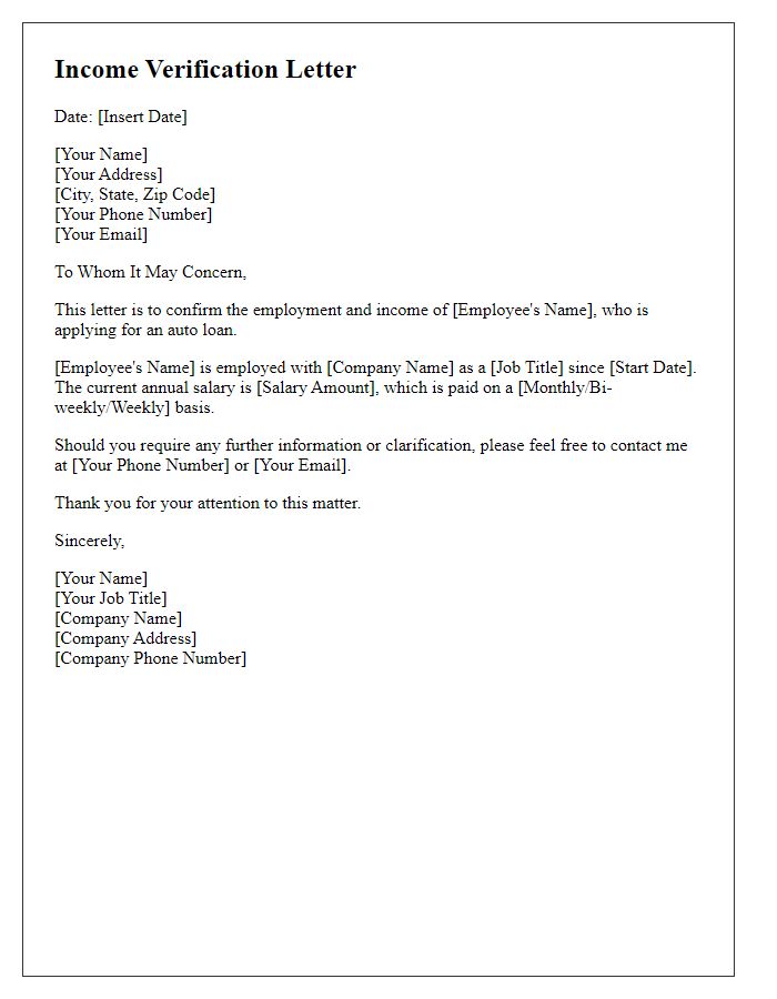 Letter template of income verification for auto loan