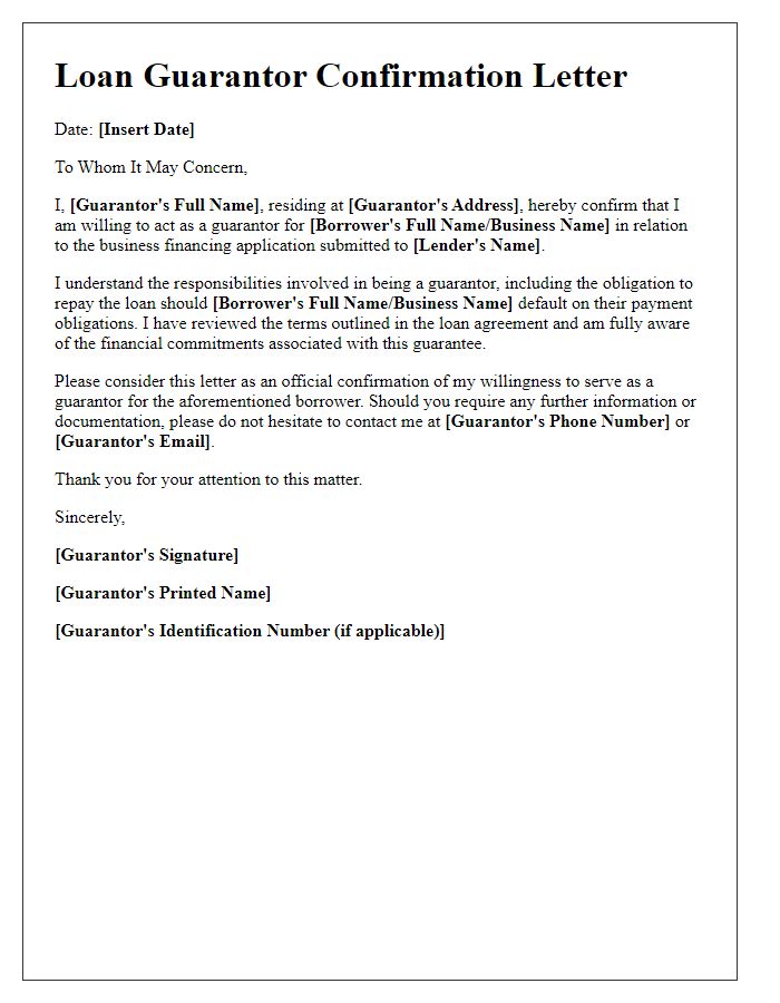 Letter template of loan guarantor confirmation for business financing approval.