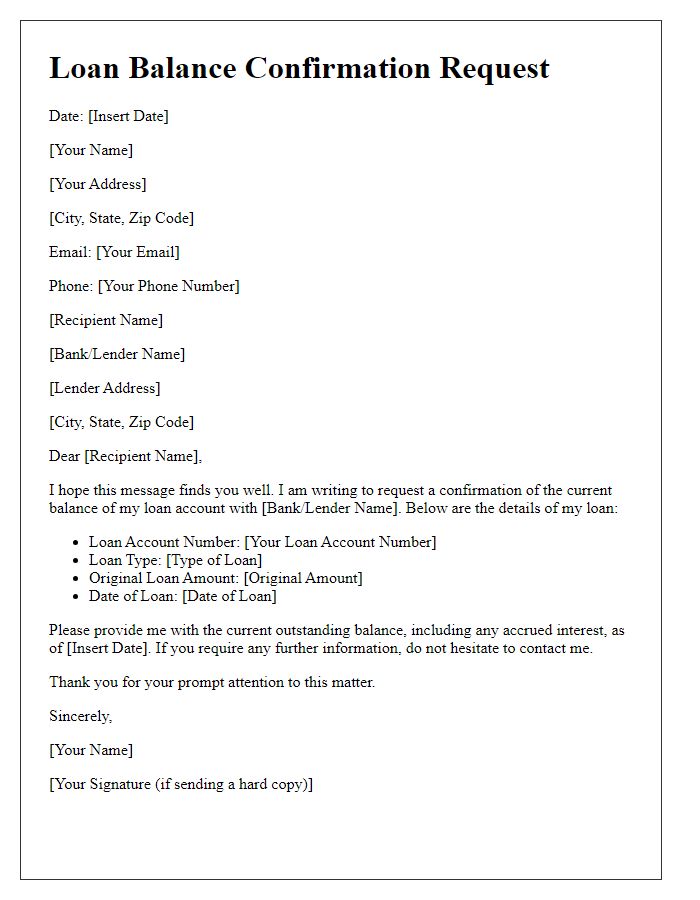 Letter template of loan balance confirmation request