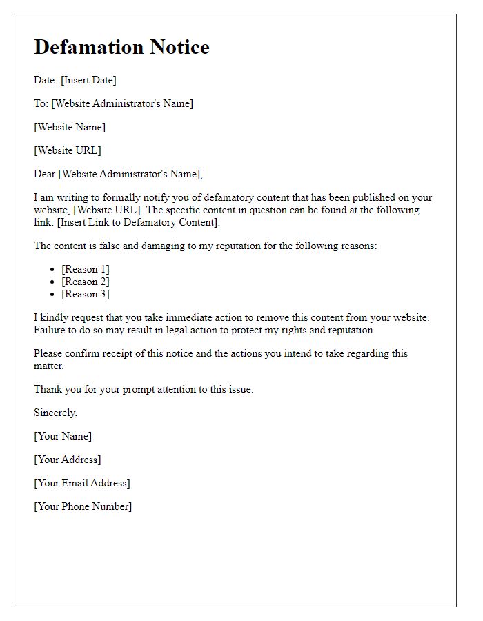 Letter template of online defamation notice to a website administrator