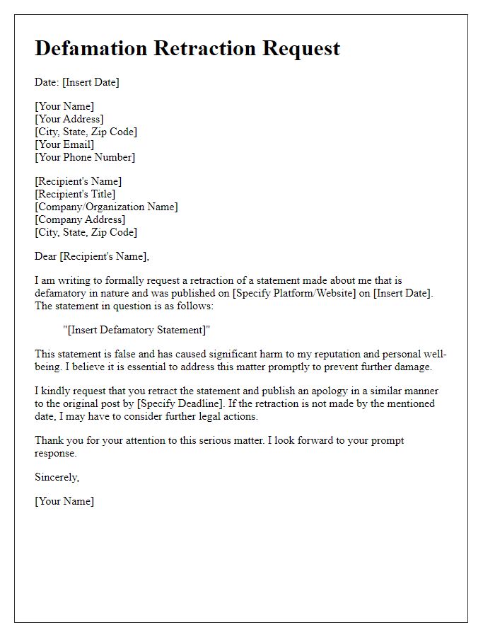 Letter template of online defamation retraction request