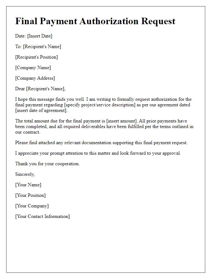 Letter template of final payment authorization request.