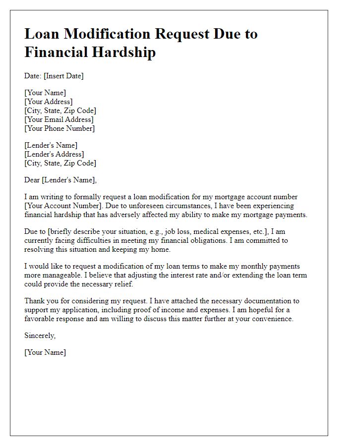 Letter template of application for financial hardship loan modification