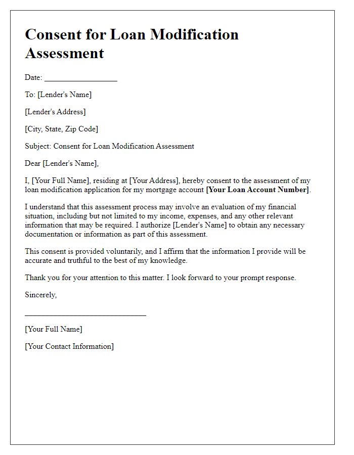 Letter template of consent for loan modification assessment