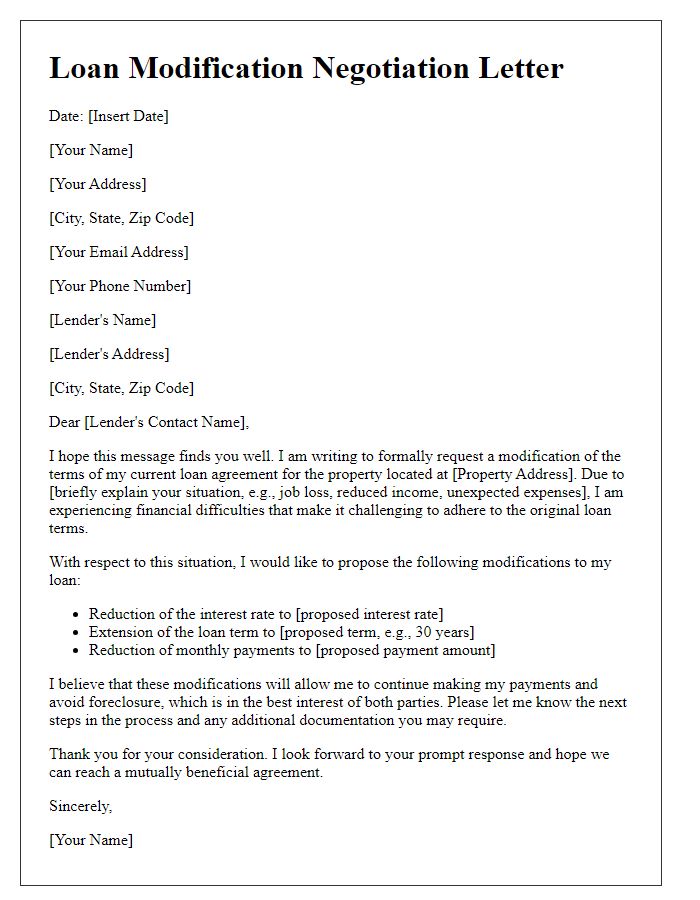 Letter template of negotiation for loan modification terms