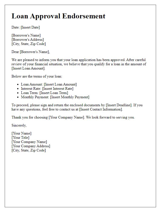 Letter template of loan approval endorsement