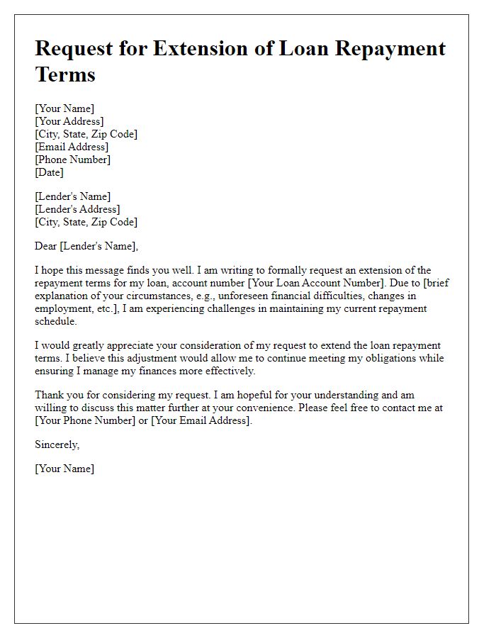 Letter template of formal request for extending loan repayment terms.