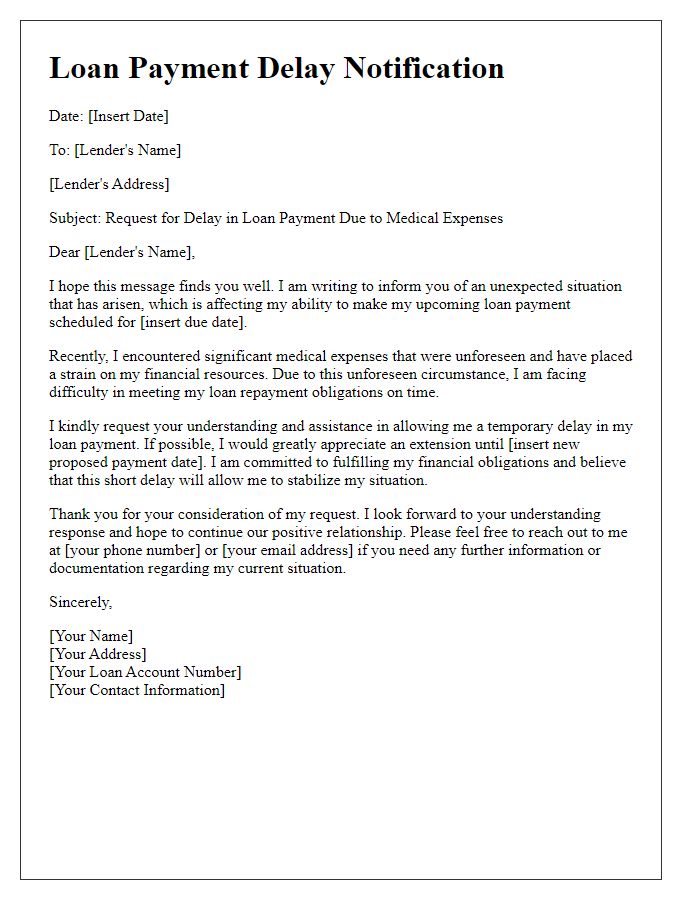 Letter template of loan payment delay due to unexpected medical expenses