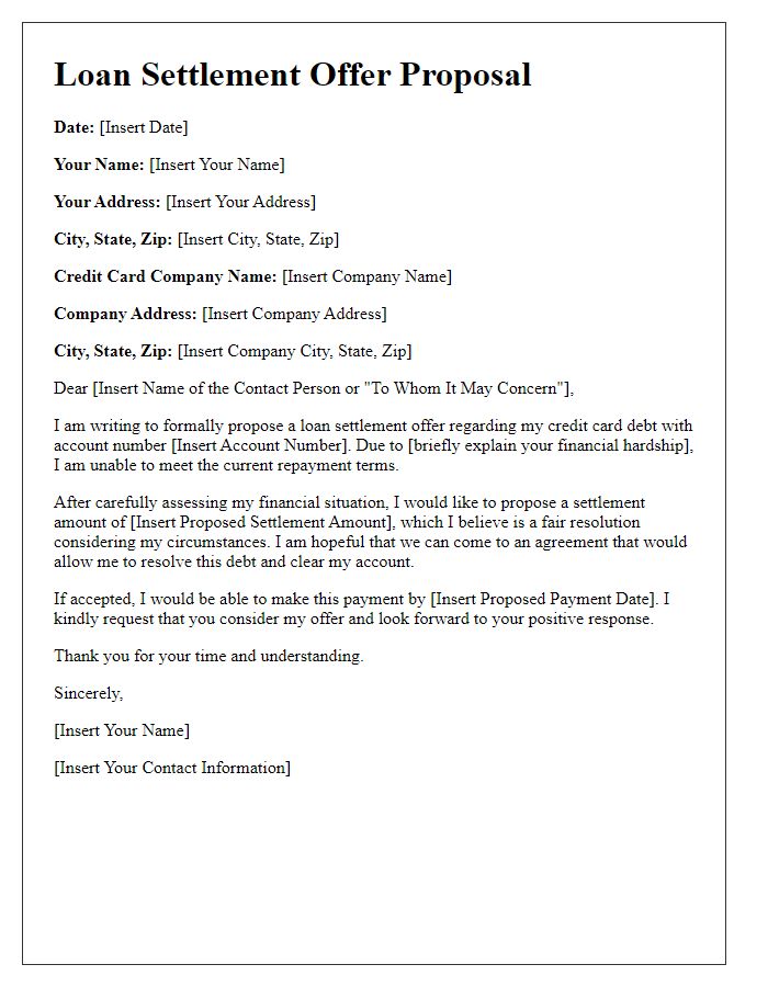 Letter template of loan settlement offer proposal for credit card debt