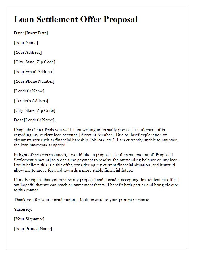 Letter template of loan settlement offer proposal for student loans