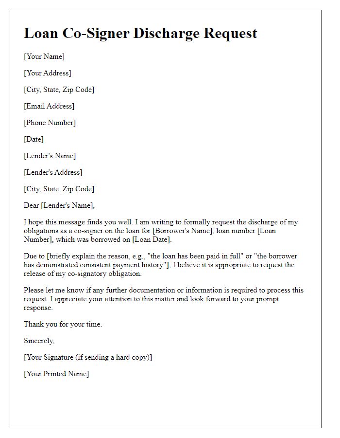 Letter template of loan co-signer discharge request