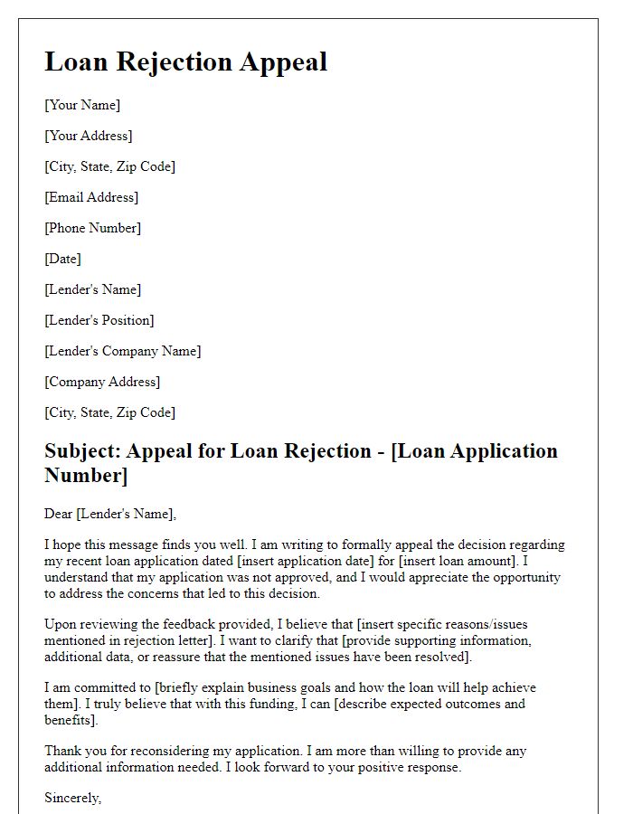 Letter template of loan rejection appeal for business loans.