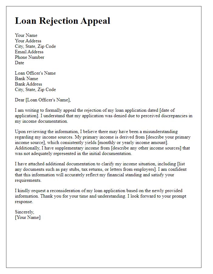 Letter template of loan rejection appeal citing income discrepancies.