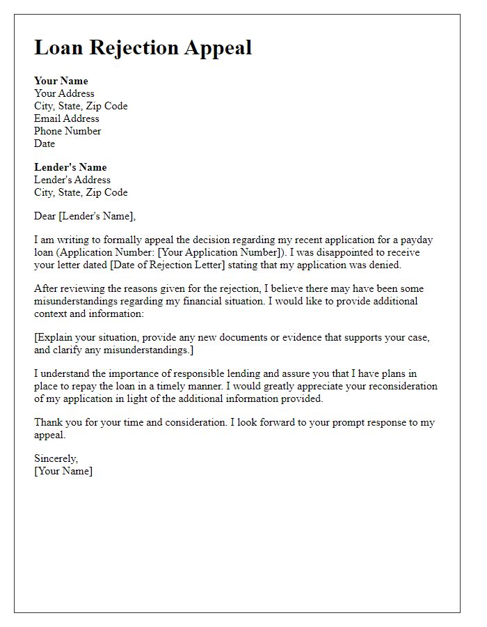 Letter template of loan rejection appeal for payday loans.