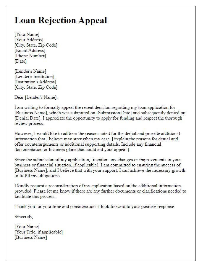 Letter template of loan rejection appeal for small business funding.