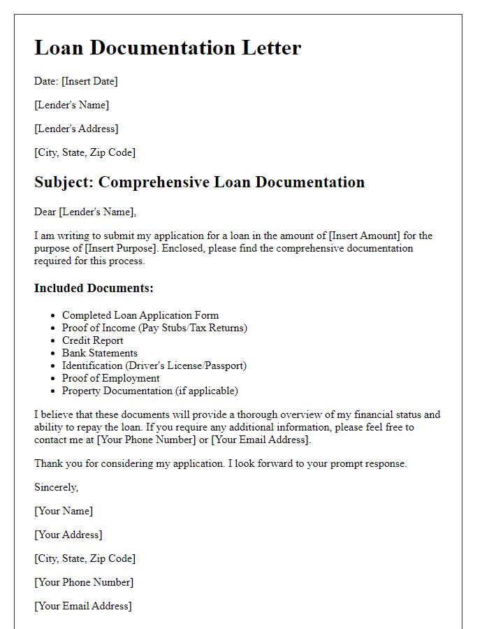 Letter template of comprehensive loan documentation