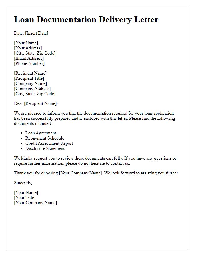 Letter template of loan documentation delivery