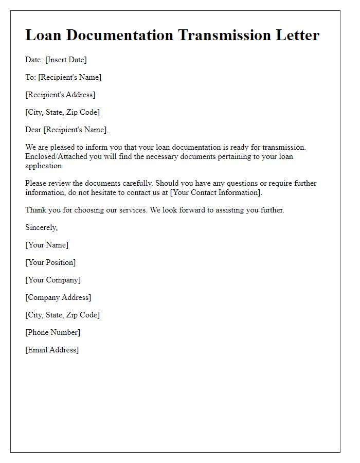 Letter template of loan documentation transmission