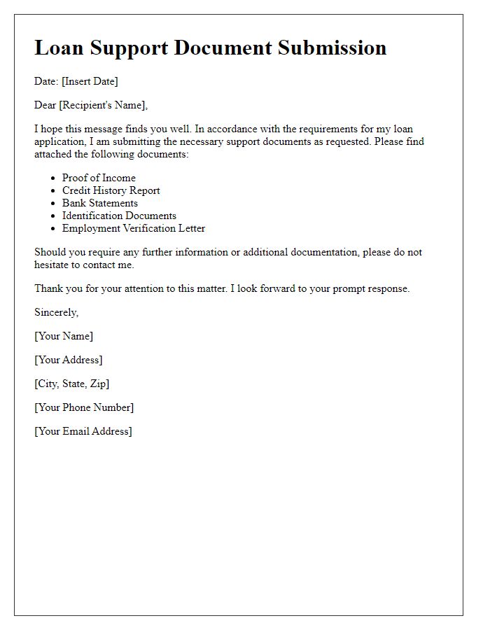 Letter template of loan support documents attachment