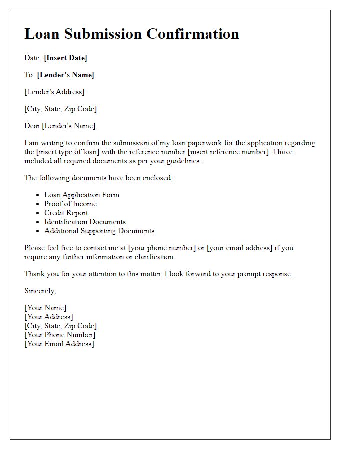 Letter template of submitted loan paperwork