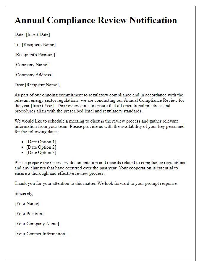 Letter template of Annual Compliance Review for Energy Sector Regulations