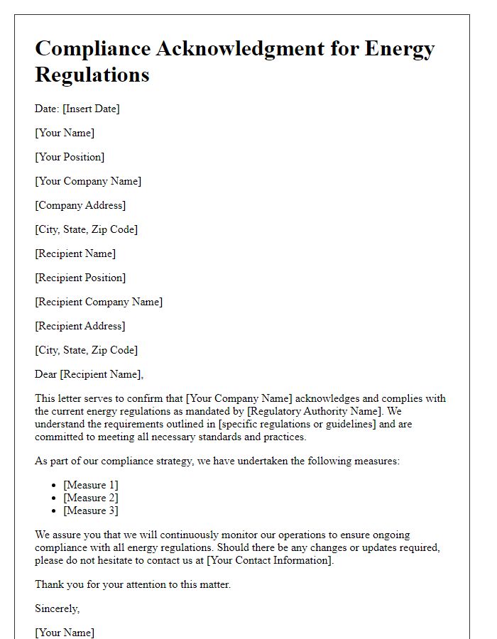 Letter template of Compliance Acknowledgment for Energy Regulations