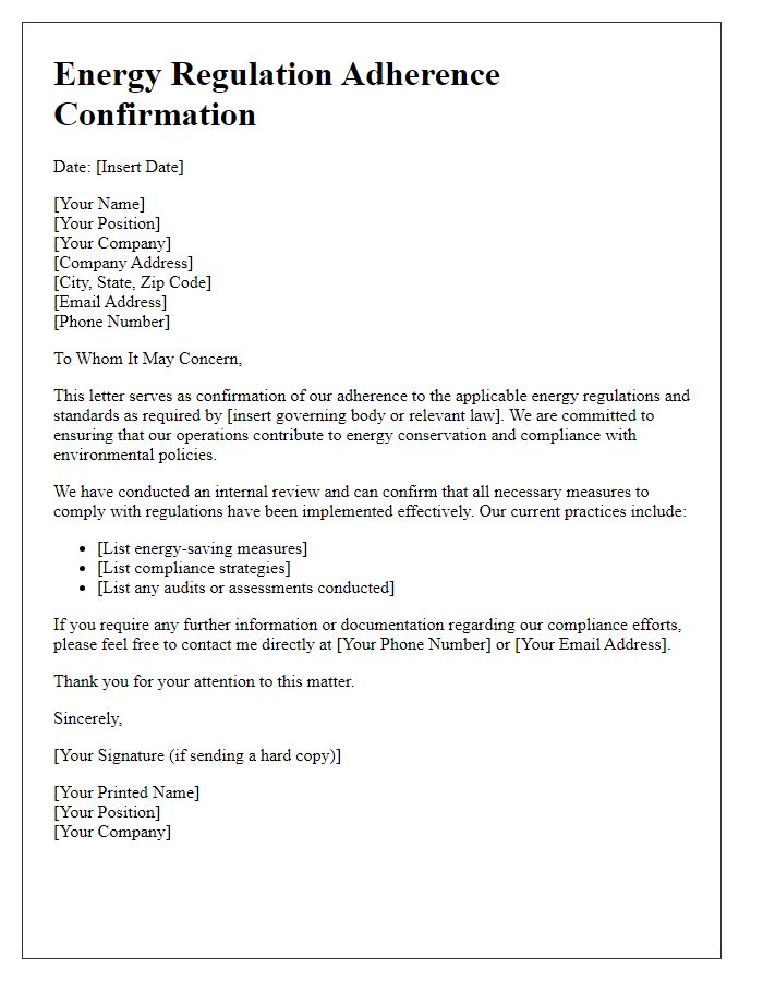 Letter template of Energy Regulation Adherence Confirmation