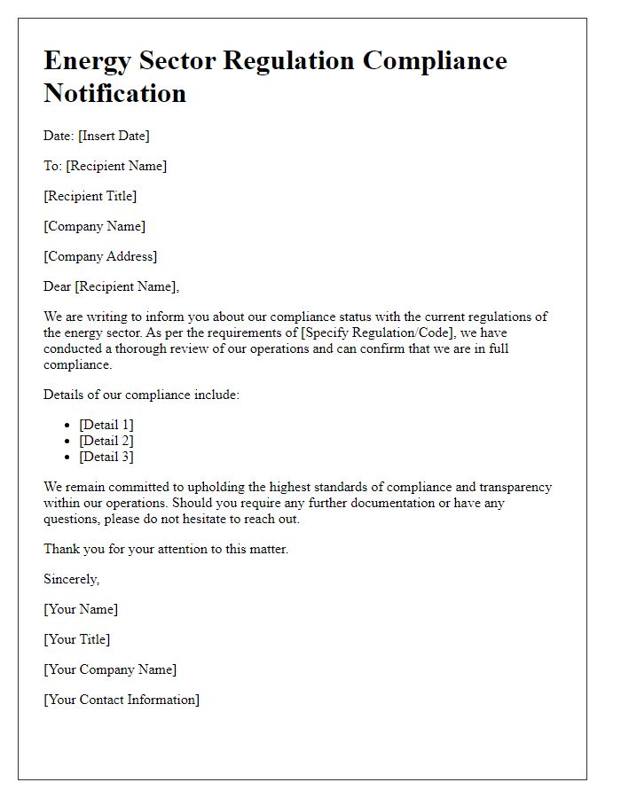 Letter template of Energy Sector Regulation Compliance Notification