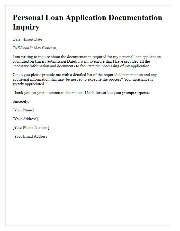 Letter template of personal loan application documentation inquiry