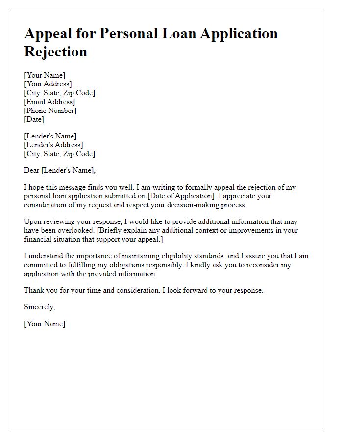 Letter template of personal loan application rejection appeal