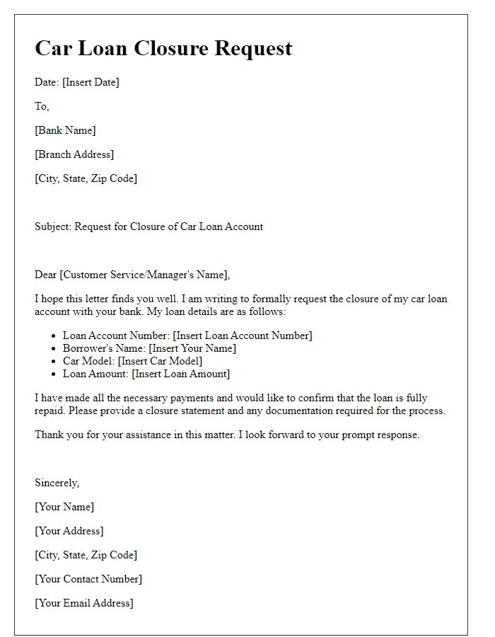 Letter template of car loan closure request