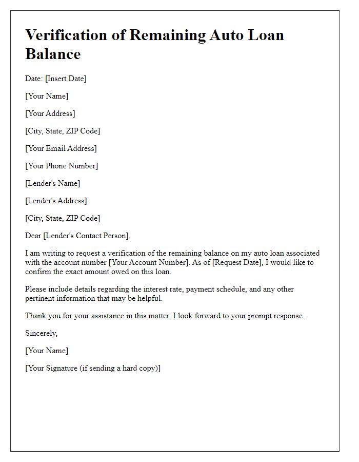 Letter template of verification of remaining auto loan balance