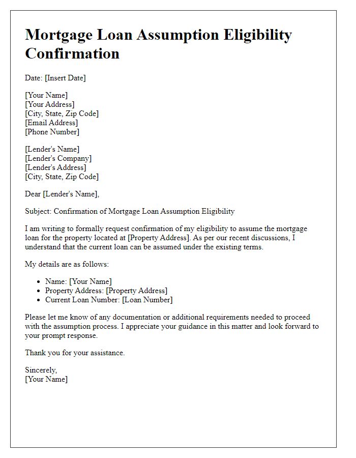 Letter template of mortgage loan assumption eligibility confirmation