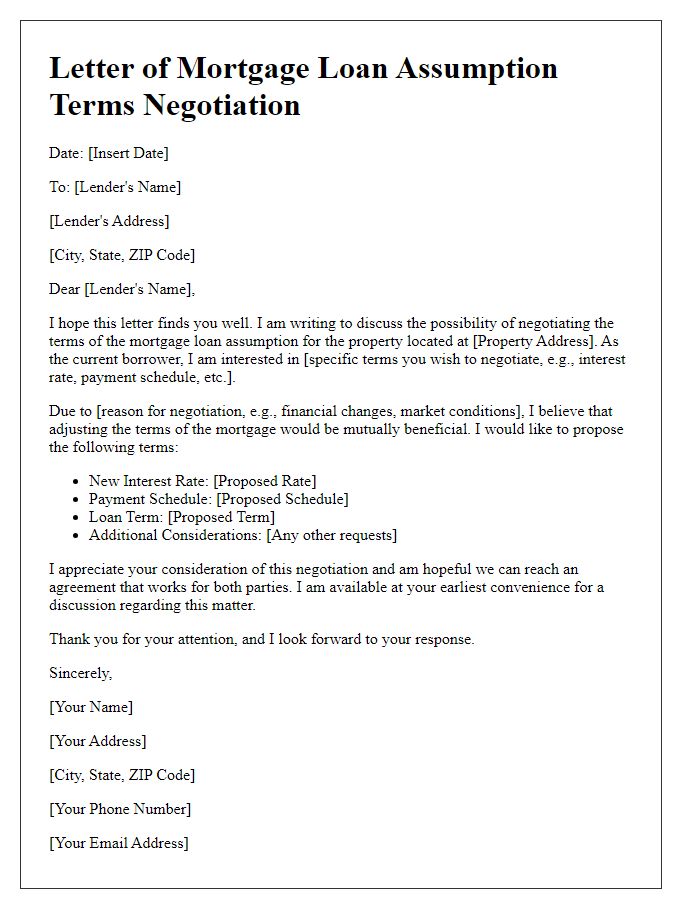 Letter template of mortgage loan assumption terms negotiation