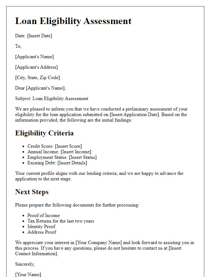 Letter template of loan eligibility assessment