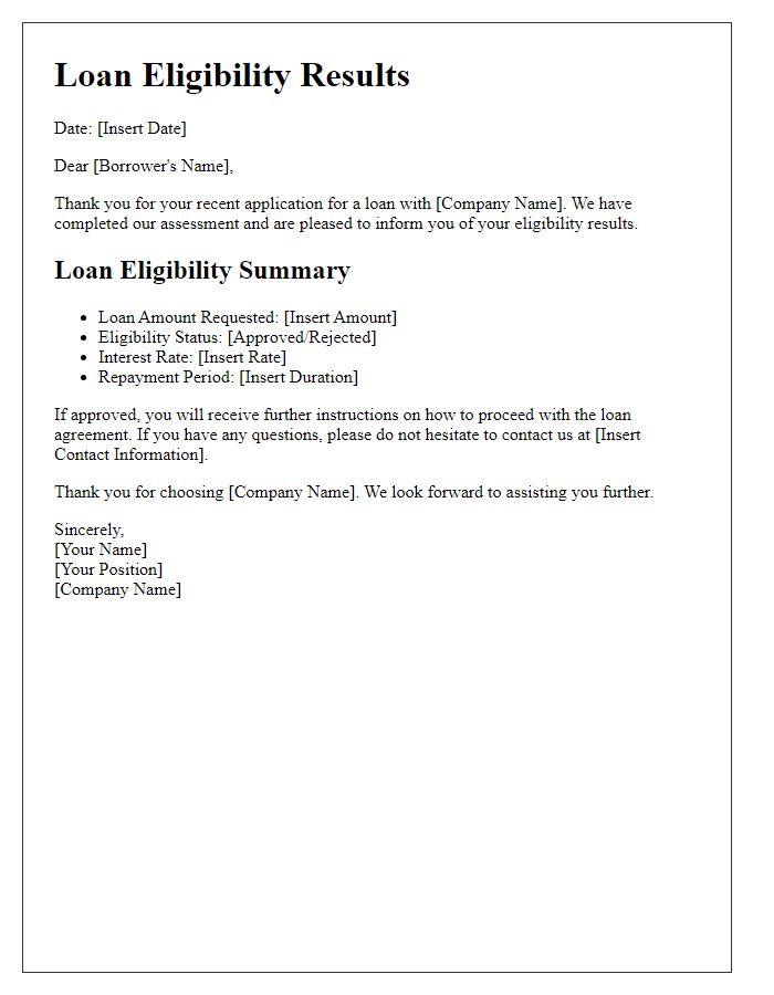 Letter template of loan eligibility results