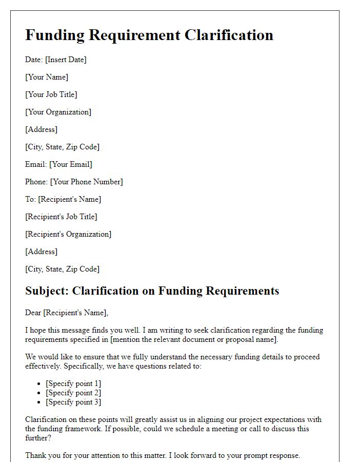 Letter template of funding requirement clarification