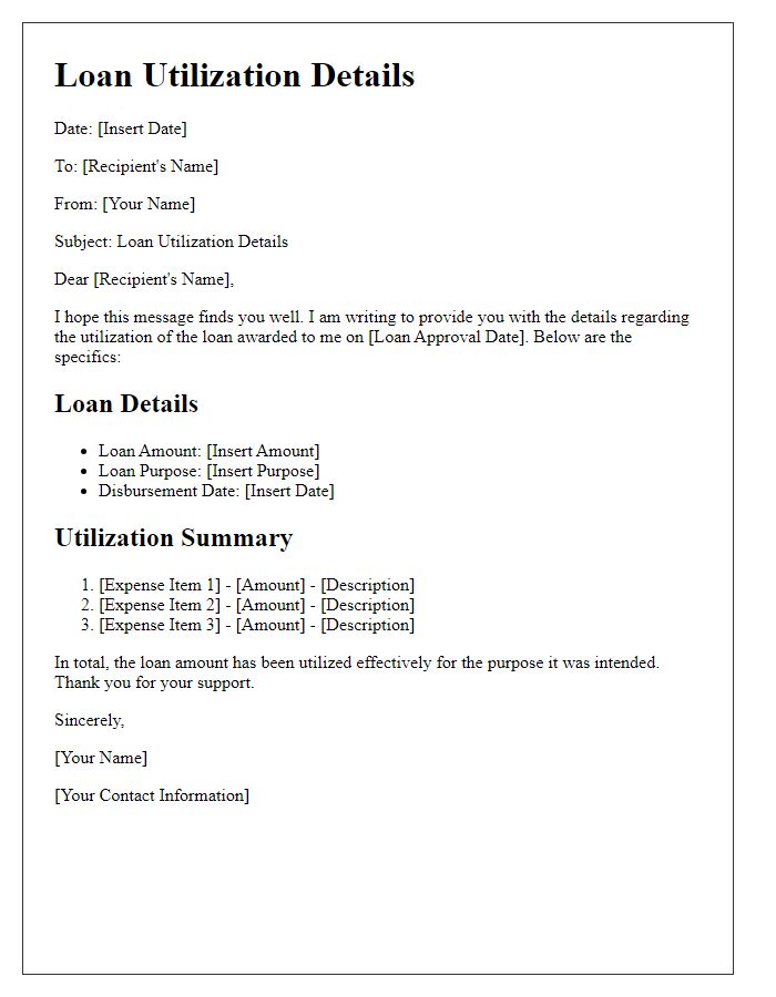 Letter template of loan utilization details