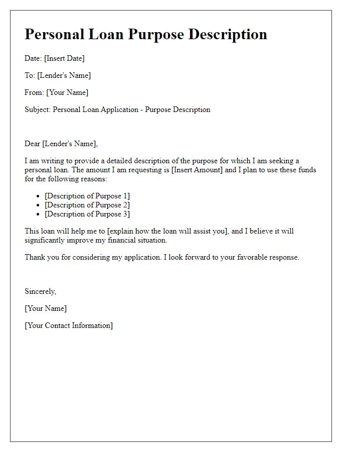 Letter template of personal loan purpose description