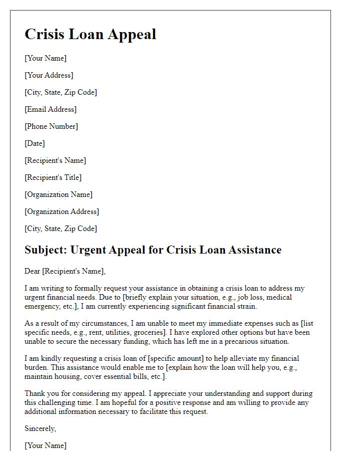 Letter template of crisis loan appeal for urgent needs