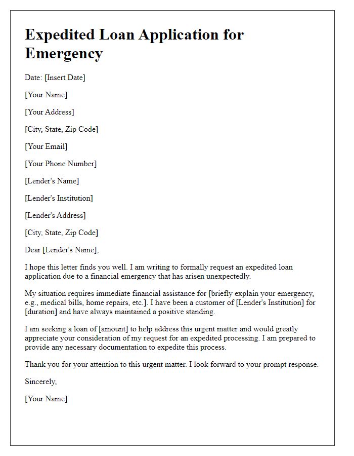 Letter template of expedited loan application for emergencies